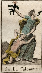 Representation of Slander, dragging her mother Envy by her hair, with a snake coming out of her mouth. From “Mythology of Youth” by Pierre Blanchard 1803.