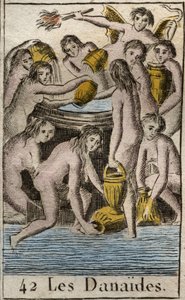 Representation of the Danaides, daughters of King Danaos, condemned to the Underworld, endlessly filling a bottomless barrel, for killing their cousins and husbands. From “Mythology of Youth” by Pierre Blanchard 1803 by French School