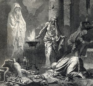 Representation of the Witch of Endor, a Canaanite village mentioned in the first book of Samuel (Bible) which has a talisman with which she calls the ghost of the prophet Samuel recently deceased, at the request of Saul, king of Israel by French School
