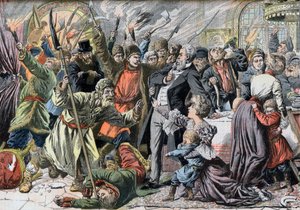 Revolution Of 1905 - Revolting Russian peasants invading a country house. Illustration for Le petit Journal, 2 April 1905