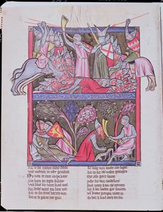 Roland blows the horn at Roncevaux, illustration from Le Chanson de Roland, copy of an original manuscript conserved at Saint-Gall in Switzerland