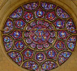 Rose Window Depicting the Virgin Mary Surrounded by the Twelve Apostles and the Twenty-Four Elders of the Apocalypse (Stained Glass) by French School