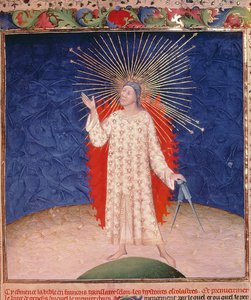 God surrounded by fire with a pair of compasses, from the Bible Historiale by Guyart des Moulins, c.1411 by French School