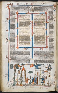 A bas-de-page scene of a dragon attacking a castle