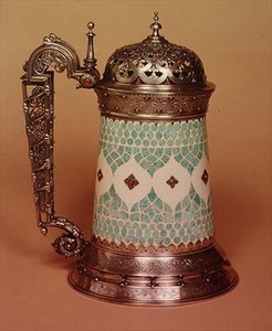 Rudolfi tankard with ivory body inlaid with turquoises, mounted in silver and set with rubies, Paris, c.1855 by French School