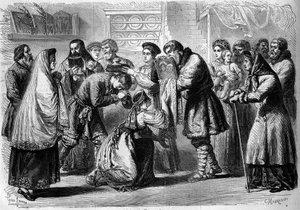 Russian Custom - Wedding - 1860: Pre-Wedding Ceremony. Godfather and Godmother Bless Future Marriages. The Godfather Presents to Them the Image of Christ or the Virgin, Symbol of Religious Consecration. The Godmother Holds Bread and Salt Above the Head. by French School