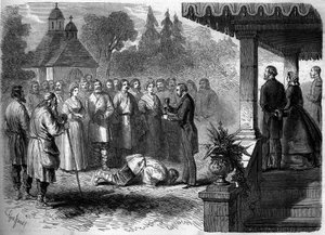 Russian custom: ceremony of emancipation of a serf. As a sign of submission, the freed serf kisses his lord