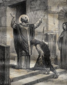 Saint Aubert, bishop of Cambrai and Arras, welcomed his disciple and prodigal godson, Landelin, and forgave him his three years of error. Engraving in Le Pelerin 16/12/1899.