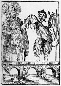 Saint Cado (or Cadoc or Catuod or Catoc or Cazut or Cadochus) legendary saint Christian gives a cat to the devil in exchange for building a bridge - popular images Perret.