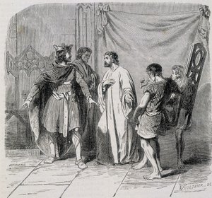 Saint Eloi and Dagobert: Dagobert was amazed when Eloi introduced him the second armchair - engraving, 19th century by French School