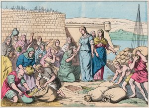 Sainte Genevieve distributes food to the people during the siege of Paris by the army of the Huns of Attila in 451 (barbarian invasions) - Engraving of the end of the 19th century in “Nos Gires Nationales - Images”