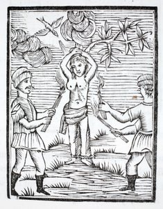 Saint Reine is Fastened to Two Poles in the Shape of a Cross, and Set Aflame by Torches by French School