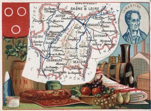 Saone et Loire, Burgundy, France. Portrait of Alphonse de Lamartine. Series on the French Departments. Chromolithography around 1890 by French School