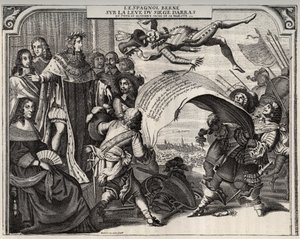 Satirical Allegory on the Rise of the Siege of Arras in 1654 After the Coronation of Louis XIV. Lower Left is Queen Anne of Austria. Standing Beside Louis XIV, and on the Left of the King, Cardinal Jules Mazarin. Engraving.