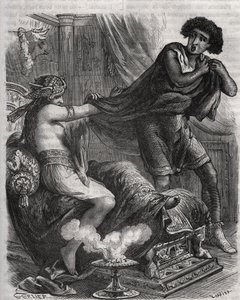 Scene from the Bible: She grasped the too virtuous young man by his tunic. The wife of Potiphar tries to seduce Joseph, a slave of the pharaoh. Engraving from 1871 in Histoire Des Cocus Celebres by Henry de Kock (1819-1892) by French School
