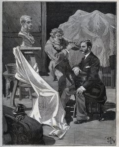 Sculpture, workshop of a sculptor, focus and sculpture of a bust. Engraving from 1880 in Les arts et metiers illustres by Adolphe Bitard. by French School