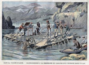 Search by a Scaphandler for the Body of a Drowned Tourist in a Lake in the Vallee d