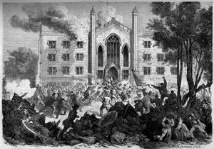 American Civil War (1861-1865) - New York - July 1863: opposition to conscription, insurgents set fire to the asylum of colored orphans in New York City during the Draft Riots. Engraving in Le Monde Illustré No. 331 of August 15