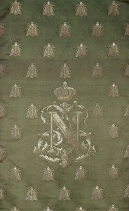 Section of green and gold damask with the emblem and royal crest of Napoleon III