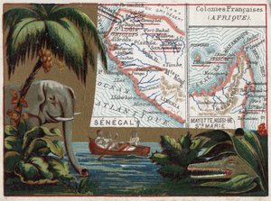 Senegal, Mayotte, Ile de Sainte Marie, Nossi Be (Nossi-be or Nosy-be or Nosy be), Africa. Elephant, crocodile and boat in a river. Series on the French colonies. Chromolithography 