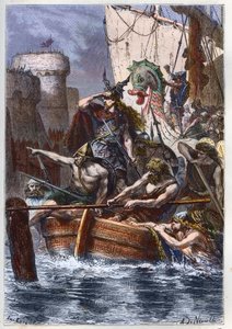 Siege of Paris: invasion of the Normans (Vikings) in 886 - Viking raider Rollo attacking Paris via the River Seine 885 AD