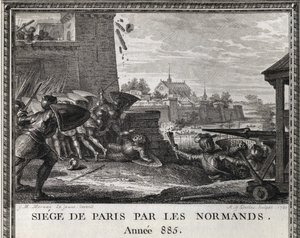 Siege of Paris by the Normans, year 885. Engraving from 