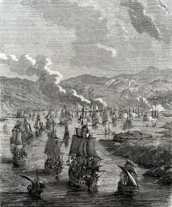 Siege of Toulon took place between 29 July to 21 August 1707 during the War of the Spanish Succession when an Allied land and sea force besieged the French naval base at Toulon (engraving) by French School