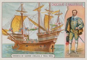 Sir Francis Drake and a three-masted English warship by French School
