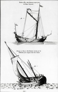 Sketch of Boats: A Yacht or Yac and an Hourque or Hollock, which is a Small Boat Invented by the Dutch to Navigate the Canals - in "Diderot Encyclopedia", Vol 7 Marine, Engraving, Bibl. Mazarine. by French School