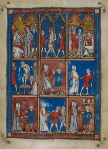 Nine miniatures showing biblical and medical scenes. Above, Christ before Caiaphas and Pilate; the flagellation. Centre and below, physicians treating patients for broken bones and other ailments by French School