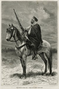 Spahi, efficient rider and dread contributing to the conquest of Algeria, at the service of France. Engraving after a drawing by H. Charles, to illustrate the story Tebessa and its monuments (Algeria), by A. Heron de Villefosse by French School