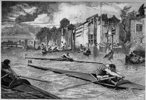Sports competition: canoe race (outrigger) on the Thames. England
