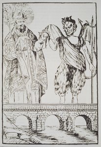 St. Cado and the Devil, copy of a popular French print, illustrated in a history of magic published late 19th century by French School