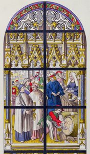Stained glass from Tournai Cathedral illustrating the taxes levied on beer and wine by the Bishops of Tournai