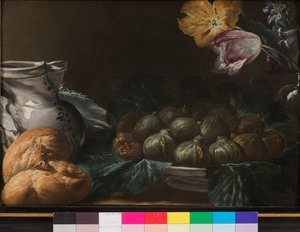 Still Life with Plate of Figs, Jug, Flowers and Bread by French School