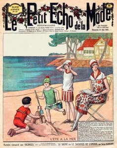 Summer at the sea, woman with her three children at the beach