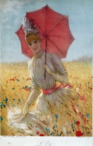 Summer: young woman with an umbrella in a wheat field - drawing, late 19th century