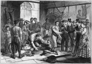 Superstition: blood drinkers at the abattoir de la Villette in Paris. Sick Parisians come to drink the blood of a freshly slaughtered beef, and hope to find a cure for their problems. A butcher collects the blood of the beast in a glass. Engraving in