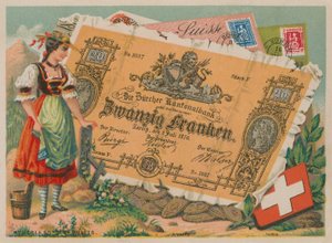 Swiss girl in traditional costume and 20 Franc banknote by French School