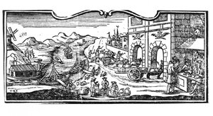 Tax Office at the Entrance of a City for Wines and Spirits, decree of The Council of State 22nd March 1707, from Registers of the Council of State of Paris, 1739 (detail) by French School