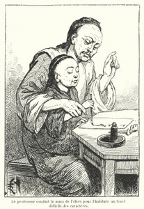 Teacher guiding the hand of a student learning to write Chinese characters by French School