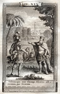 Telemaque being in the Champs Elisees is recognized by Arcesius - engraving of 1798 after Monnet in 