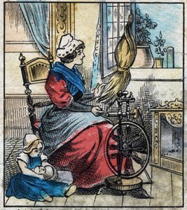 Textile, Linen. A Woman Uses a Mechanical Spinning Wheel to Spin Linen. Engraving. Epinal Imaging Late 19th Century by French School