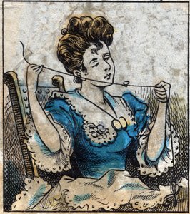 Textile, linen. Woman using a ball to use sewing threads