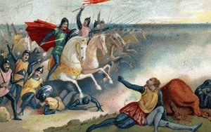 The Battle of Hastings on 14/10/1066 between the Saxons of Harold II and the Norman Army (William I the Conqueror). Chromolithography of the late 19th century