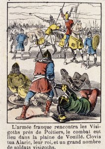 The French army met the Visigoths near Poitiers, the fight took place in the plain of Vouille. Clovis killed Alaric, their king, and a large number of Visigoth soldiers, in 507