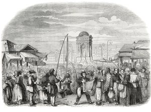 The Innocents march in Paris with the fountain - Engraving in 