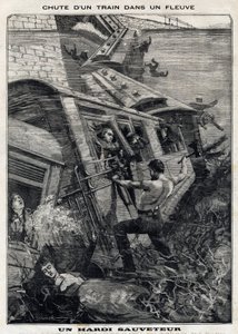 The New York Buffalo Train Falls into a River in the United States: A Man Tries to Save Passengers at Risk of Drowning. In Le Petit Parisien on 7/11/1897. Private Collection