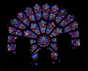 The North Rose window depicting the signs of the zodiac, the vices and virtues and the 12 Apostles