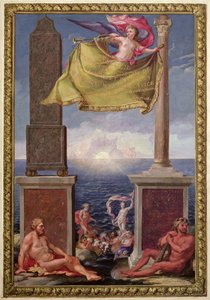 The Pillars of Hercules, frontispiece of a collection of maps of Catalonia and the Balearic Islands by Pene, 1680 by French School